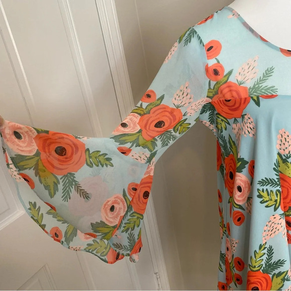 Rifle Paper Paper Crown Anthropologie Floral Blue MIDI Bell sleeve Dress SP - Picture 6 of 16